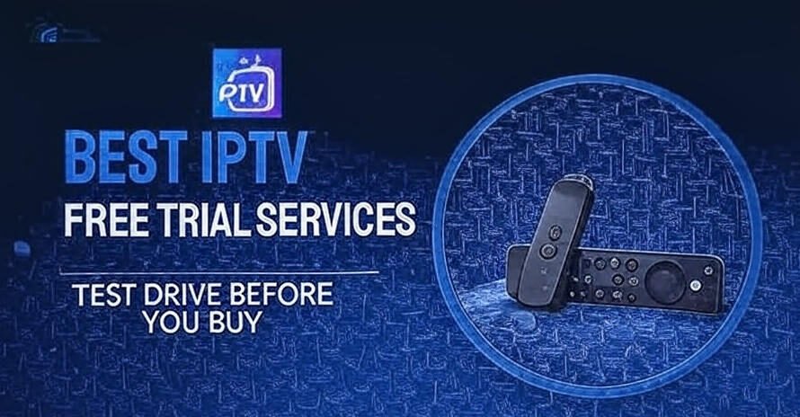 A promotional image with a blue background featuring the text "BEST IPTV FREE TRIAL SERVICES" and "TEST DRIVE BEFORE YOU BUY" in white, with a small "IPTV" logo in the top left corner. On the right side, there is a circular inset showing two black remote controls placed on a wooden surface with a warm background.