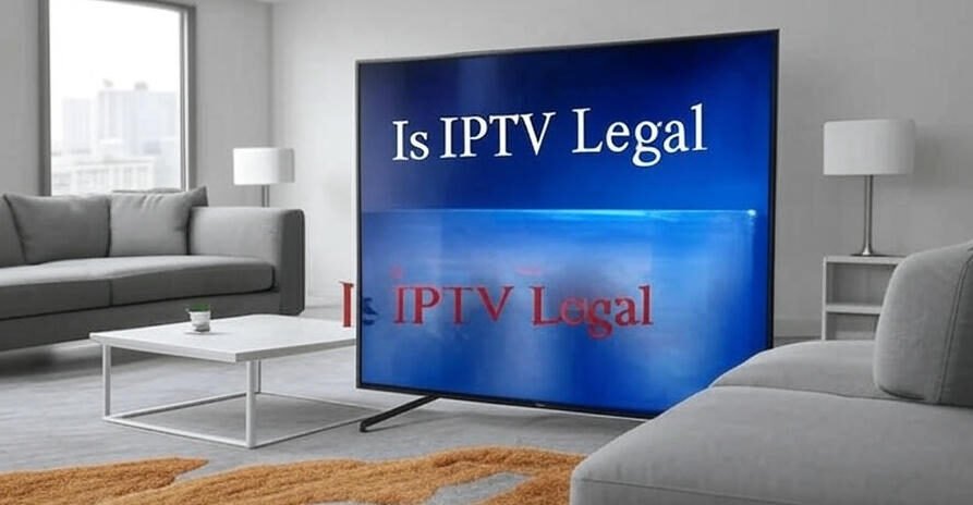 A TV screen displaying the text "Is IPTV Legal" in red, set against a blue background, surrounded by a collage of various colorful images and thumbnails representing different TV channels and content.