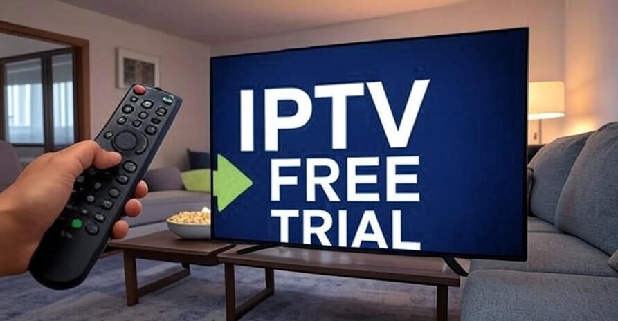 A hand holding a remote control pointing at a large TV screen with a blue background, displaying the text "IPTV FREE TRIAL" in white, with a green arrow pointing to the right between "IPTV" and "FREE TRIAL". The TV is placed on a stand with colorful LED lights in the background.