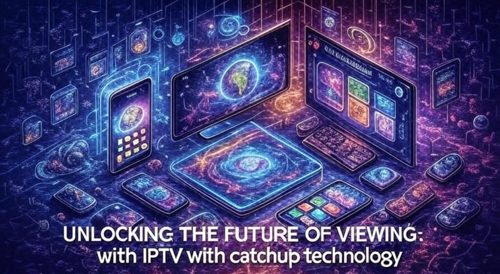 Alt text: A futuristic digital setup featuring glowing screens and devices, including a smartphone, tablet, and monitors displaying a holographic Earth, surrounded by vibrant neon lights and technological icons. The text "UNLOCKING THE FUTURE OF VIEWING: with IPTV with catchup technology" is displayed at the bottom, emphasizing advanced viewing technology.