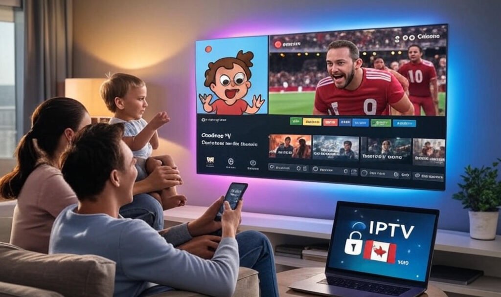 A family is sitting on a couch in a cozy living room, watching TV together. The TV screen displays a sports event with a player in a red uniform celebrating, alongside a menu of various shows and options. A cartoon character is superimposed on the screen, waving happily. A young child sits on the lap of an adult, reaching out toward the TV. One adult is holding a smartphone, and a laptop displaying an "IPTV VPN Canada" logo is on the coffee table in front of them. The room is softly lit with a lamp, and a potted plant is visible in the background.