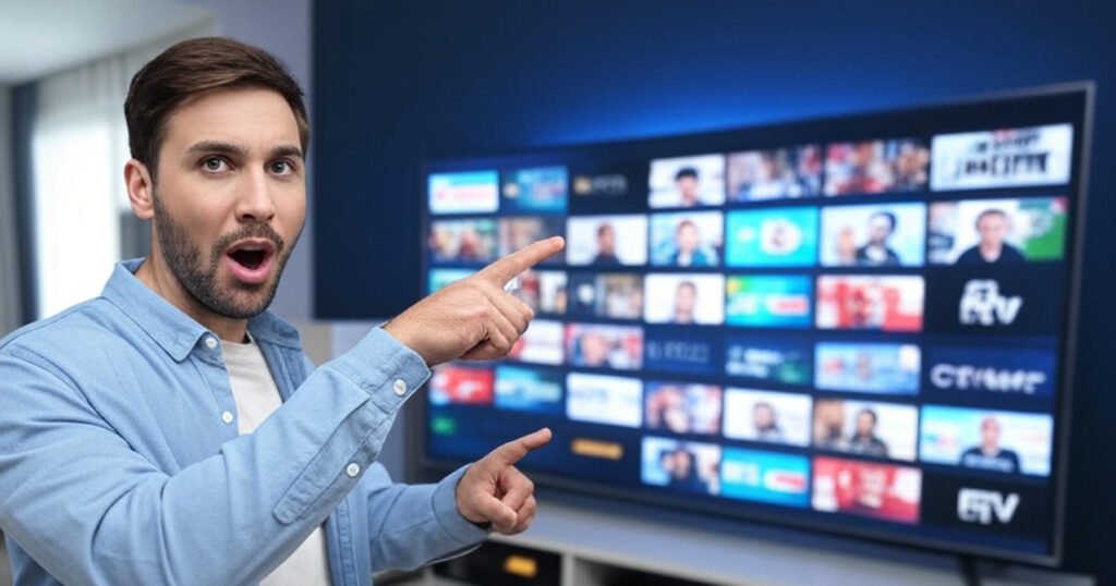 A man in a blue shirt excitedly pointing at a large TV screen displaying various channel thumbnails, with bold yellow text overlay reading "Free IPTV Access Here!" in the foreground.