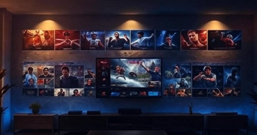The image depicts a modern living room with a large television mounted on the wall, displaying a Netflix interface featuring an action movie scene. Surrounding the TV are multiple framed movie posters showcasing various action and adventure films. The room is well-lit with ceiling spotlights, and the setup includes a sleek entertainment center with a coffee table and two side tables, each adorned with small plants. The ambiance is enhanced with blue LED lighting along the base of the furniture.