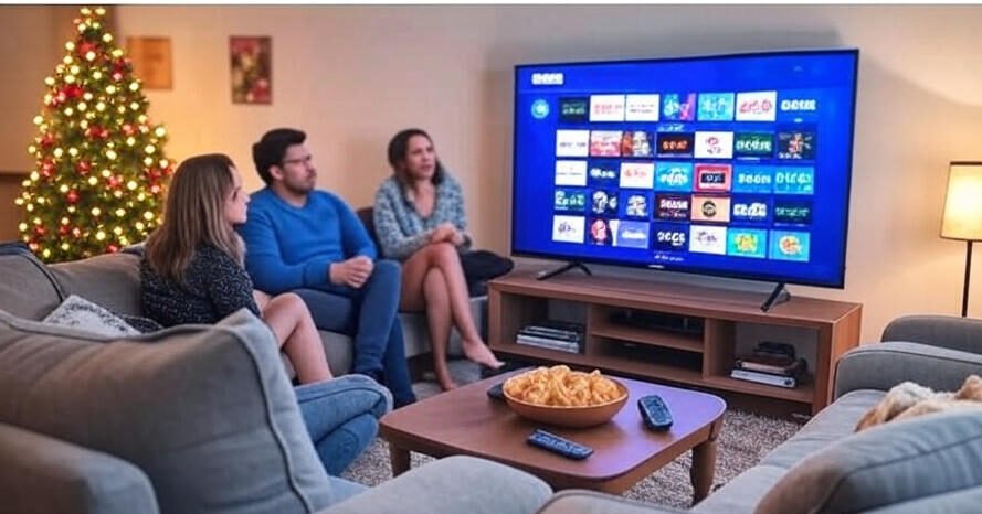 A family is sitting on a cozy couch in a living room, watching a large TV screen displaying a menu of various streaming service apps, including Netflix, Hulu, and Disney+. A bowl of snacks and a remote control are placed on a coffee table in front of them. The room is warmly lit with a lamp, and there are shelves, a small table, and a framed picture on the wall in the background.