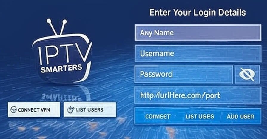 IPTV Smarters login screen with a purple gradient background, featuring the IPTV Smarters logo on the left. The right side contains a login form with fields for "Any Name," "Username," "Password," and a URL (http://urlHere.com/port). Buttons labeled "Connect VPN" and "List Users" are on the left, while "ADD USER" is on the right.