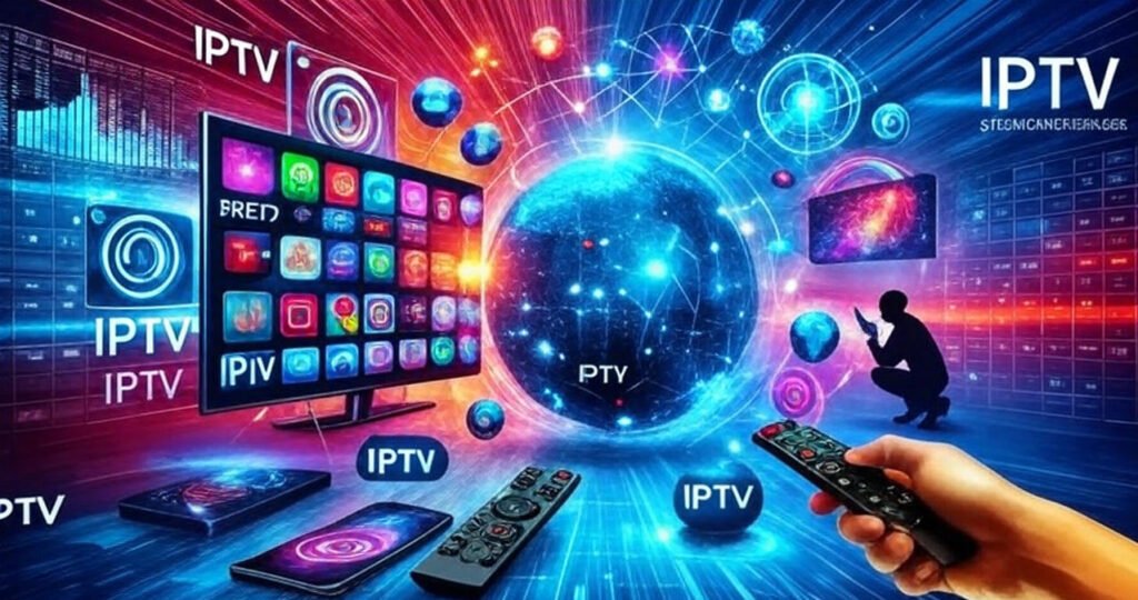 The image is a futuristic promotional graphic for "IPTV Streaming Services." It features a central glowing globe with the text "IPTV" inside, surrounded by a network of interconnected nodes and icons representing various streaming apps and services. A large TV screen displays a grid of app icons, labeled "LIVE TV," with additional devices like smartphones and a remote control in the foreground. A hand holds the remote, while a silhouette of a person watches on a smaller screen. The background includes a digital interface with data streams and the repeated text "IPTV," set against a vibrant blue and red gradient.