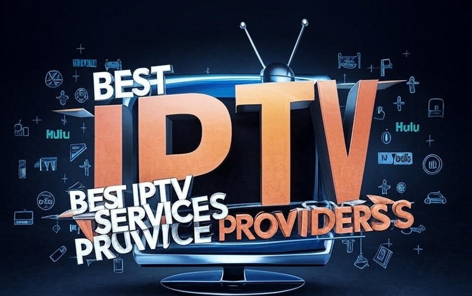The image is a promotional graphic for "Best IPTV Service Providers." It features a stylized television with prominent text that reads "BEST IPTV SERVICE PROVIDERS" in bold, with "IPTV" highlighted in orange. The background includes icons representing various streaming services like Netflix, Hulu, and YouTube, along with other digital and tech-related symbols, set against a dark blue backdrop.