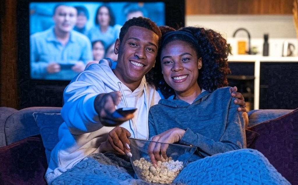 A couple sitting on a couch under a blue blanket, sharing a bowl of popcorn, with one person holding a remote control. The background shows a softly lit kitchen with cabinets, a sink, and various items on the counter.