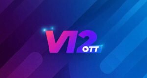 The image features a stylized logo with the text "V12 OTT" on a dark background with diagonal gray and black stripes. The "V" and "1" are in a gradient of pink to purple, the "2" is in purple, and "OTT" is in blue with a small play button symbol integrated into the text.