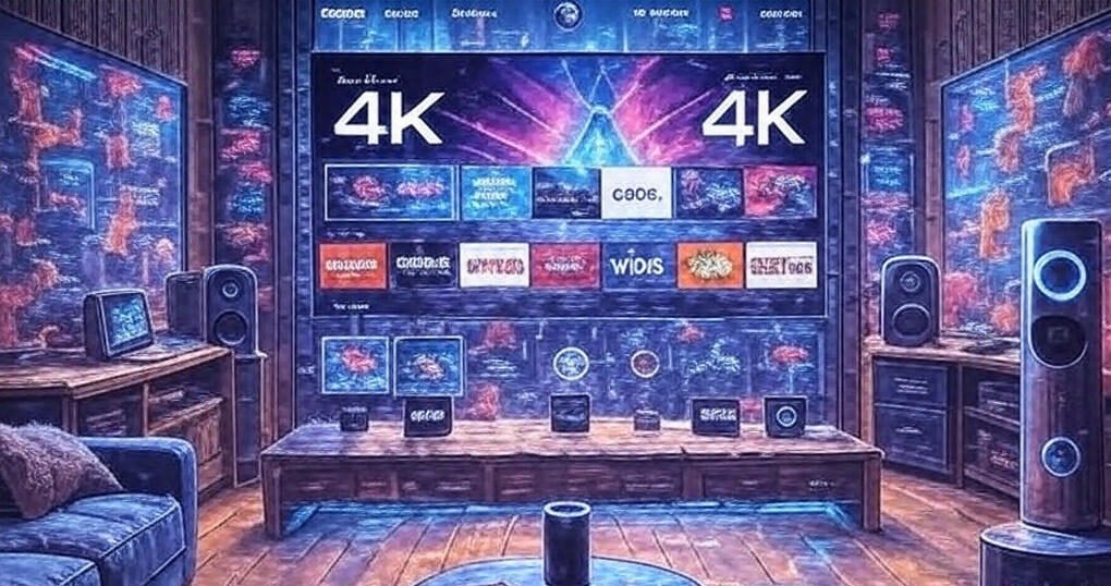 A modern living room features a large 4K TV displaying various streaming app icons, including Netflix, YouTube, and others, with a vibrant purple and blue background. The room is illuminated with blue LED lights along the walls and floor, creating a futuristic ambiance. A sleek sofa, a coffee table with an Amazon Echo device, and additional smart home gadgets are arranged in the space. The room has a wooden floor and stylish decor, with smaller TVs and speakers visible on the sides.