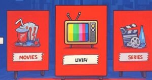 A vibrant, colorful app interface for a streaming service, featuring three category cards on a dark blue background. The left card is red with icons of popcorn and a soda can, labeled "MOVIES" below. The center card is red with a TV icon showing colorful static bars, labeled "LIVE TV". The right card is red with film reel and clapperboard icons, labeled "SERIES". At the bottom, a red navigation bar with a home button and right arrow.