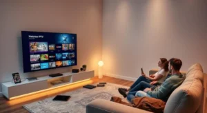 Two people sitting on a cozy couch in a modern living room, watching a large TV displaying a streaming service interface labeled "Nalatiu IPTV" with various show thumbnails. The room features a minimalist white TV stand with a tablet, books, and speakers, illuminated by warm underglow lighting. A stylish floor lamp and a patterned rug add to the ambiance, with additional tablets scattered on the floor.