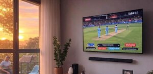 A modern living room with a large TV mounted on the wall, displaying a cricket match with players on a green field and a stadium crowd in the background. The room features a window with a view of greenery, a potted plant, a wooden console with decorative items, a soundbar, and a framed picture.