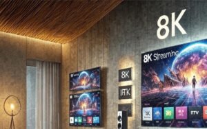 A modern living room with a textured wooden ceiling and warm ambient lighting features multiple 8K TVs displaying vibrant, colorful cosmic scenes. The largest TV on the right showcases a futuristic landscape with a person standing on a reflective surface, labeled "8K Streaming," and includes app icons at the bottom. Two smaller TVs on the left display similar cosmic imagery and app interfaces. The room has a minimalist design with a floor lamp, curtains, a speaker, and wall-mounted signs reading "8K" and "4K."