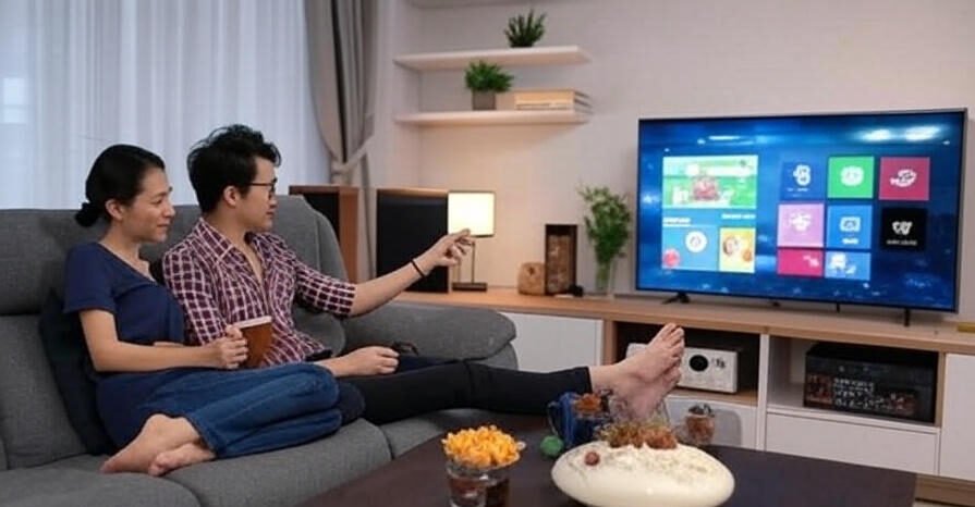 A couple is sitting on a gray sofa in a cozy living room, watching TV. The man holds a remote control and has his feet up, while the woman holds a mug. The TV screen displays various app icons. A wooden coffee table in front of them holds a bowl of popcorn, a glass of water, and a decorative item. The room features shelves with plants, a speaker, and a modern TV stand with additional electronics.