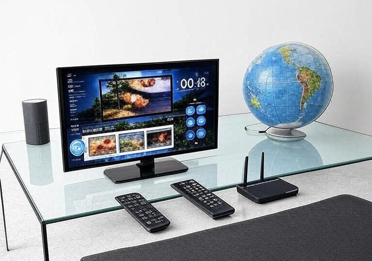 "A setup featuring a smart TV displaying a multimedia interface with a clock showing 08:35, a globe, a remote control, and a router connected by a cable, all placed on a reflective surface."